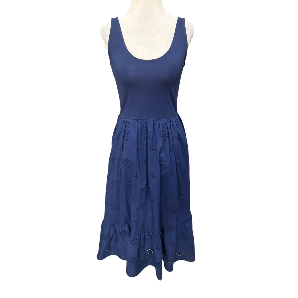 J.Crew Navy Blue Eyelet Mixed Media Midi Dress Petite Small CS904 NEW